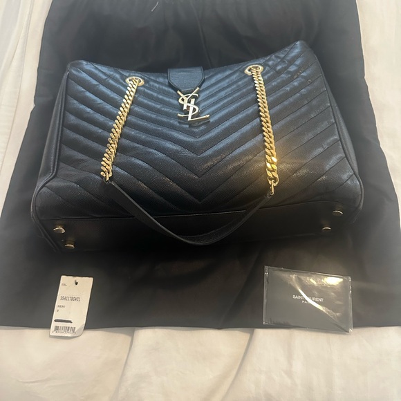 YSL Grain De Poudre Matelasse Chevron Monogram Shopping Bag Black vintage - Picture 3 of 11